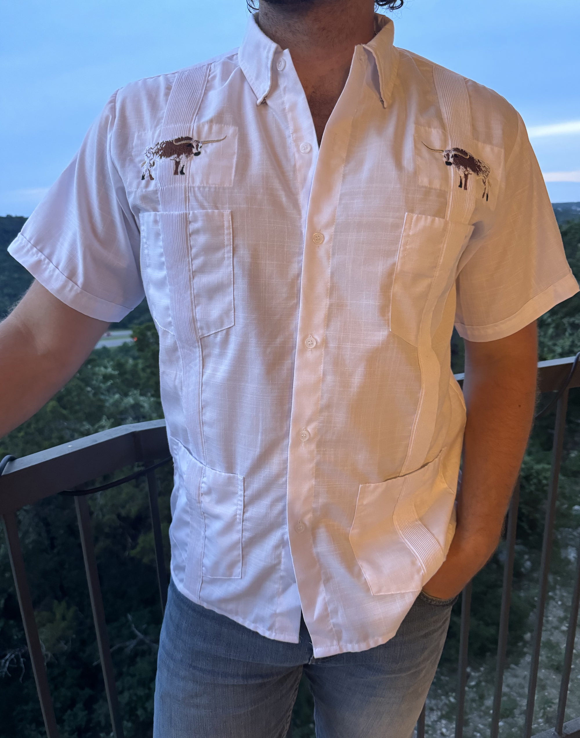 American Duke guayabera with Texas longhorns